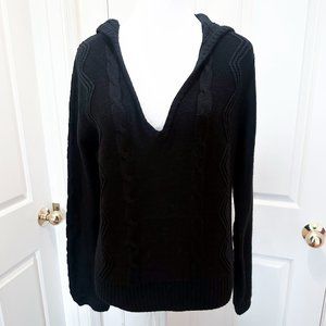Nicole by Nicole Miller Hooded Cable Knit Pullover Sweater / Black / V-Neck / M